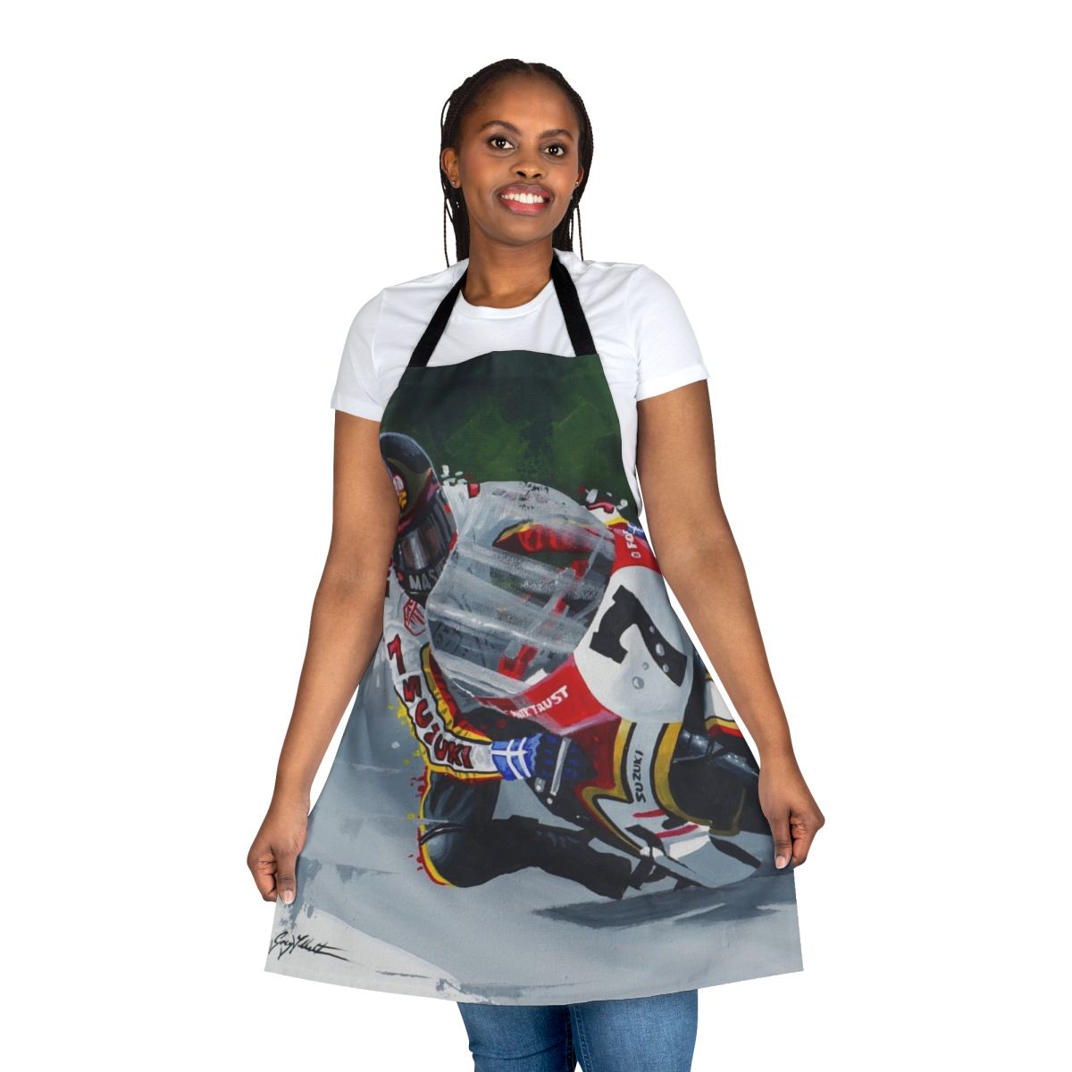 High-quality apron featuring a portrait of legendary MotoGP racer Barry Sheene