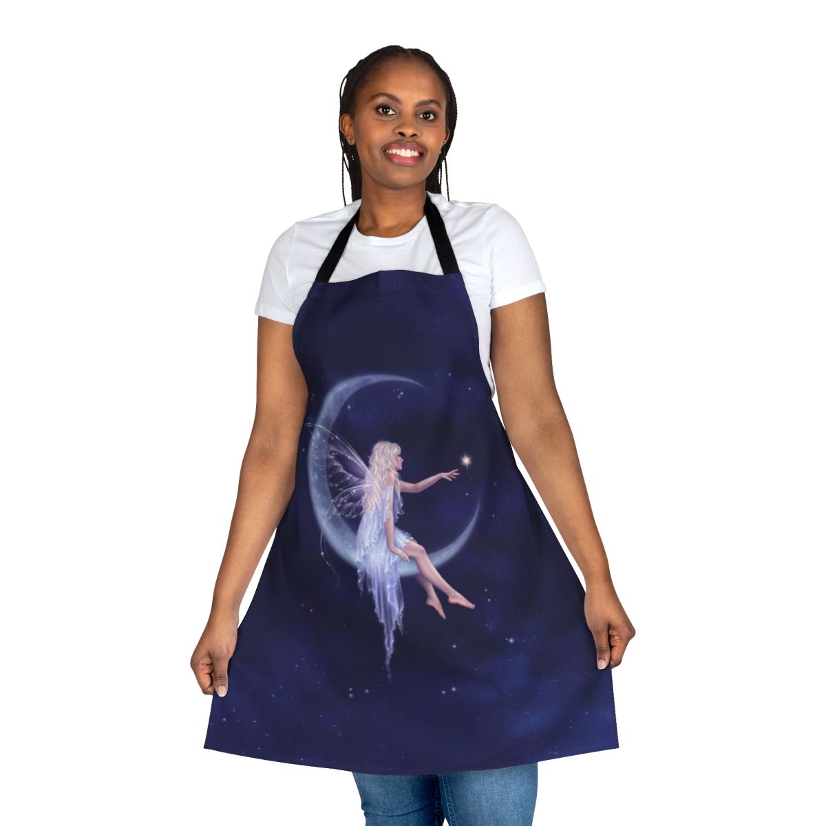 A blue and white apron featuring a crescent moon and stars, with fairy wings and a night sky design.