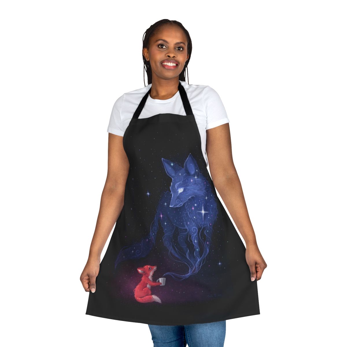Celestial-themed apron with a whimsical design featuring foxes, stars, moons, and a night sky pattern
