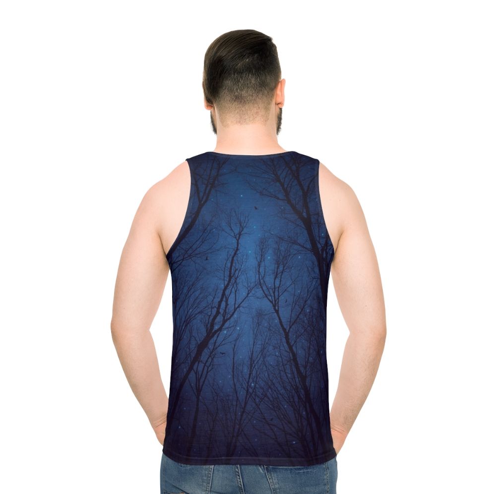Unisex tank top featuring a galaxy print design with a starry night sky and abstract tree branches