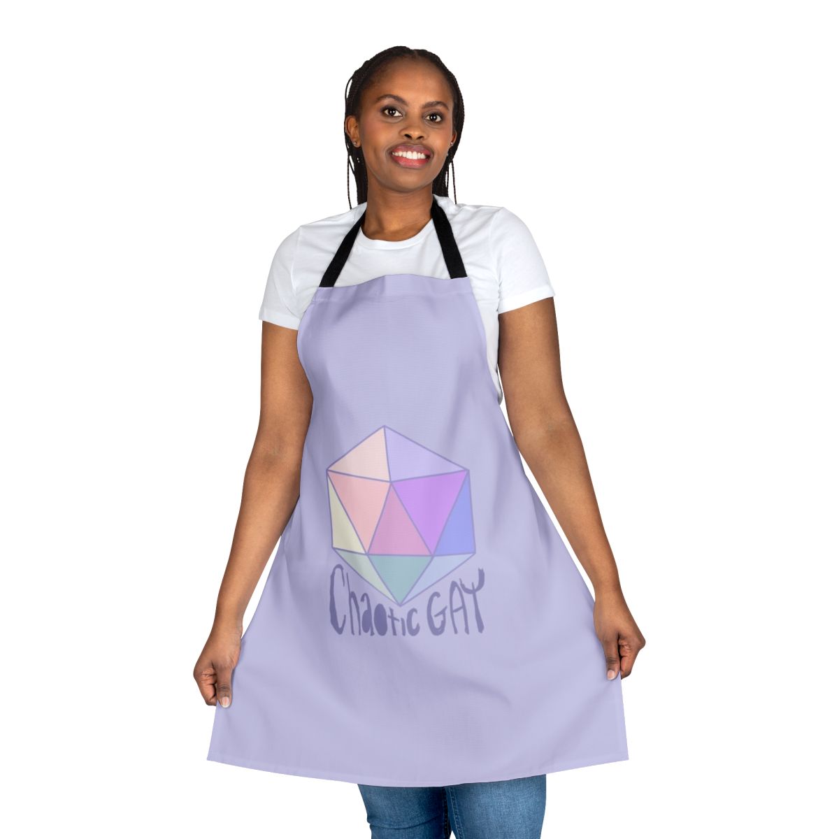 Chaotic neutral LGBTQ tabletop RPG themed apron with pastel colors and dice motif