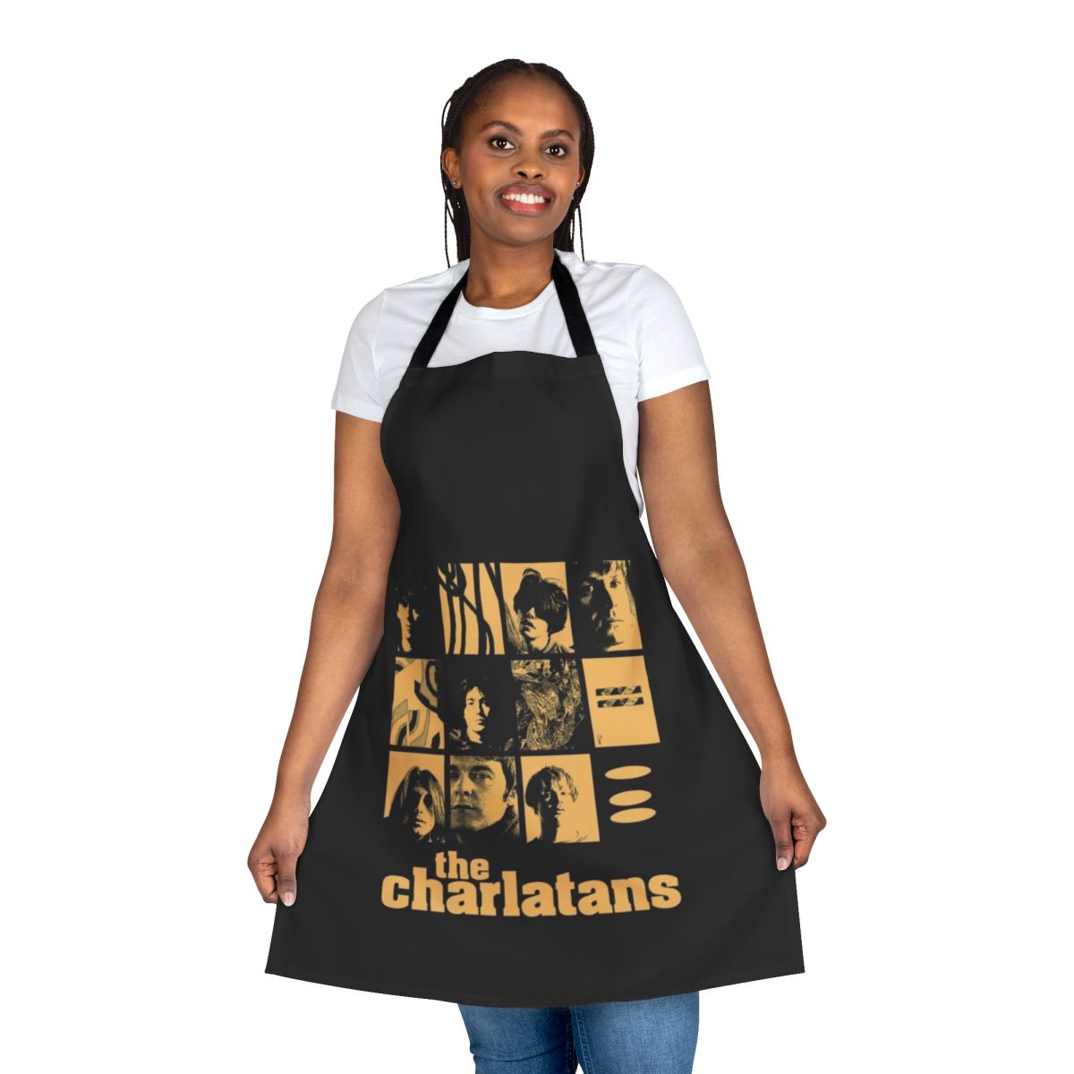 Charlatans-inspired cooking apron featuring the band's name and logo