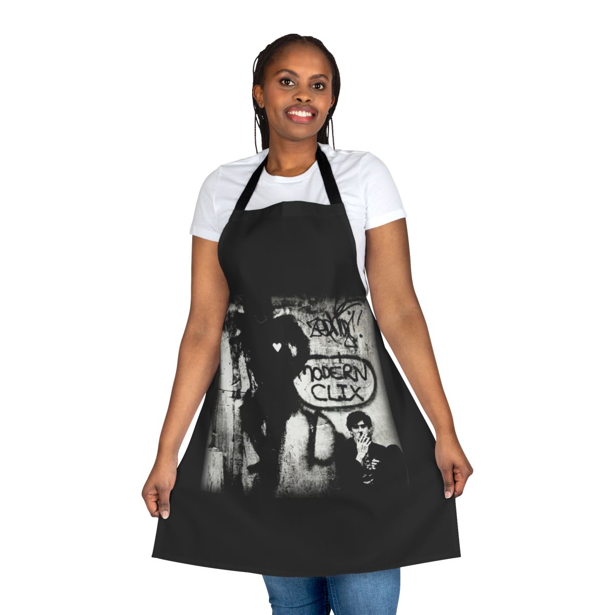 Charly Garcia inspired black and white graphic apron with artist, graffiti, and tango art