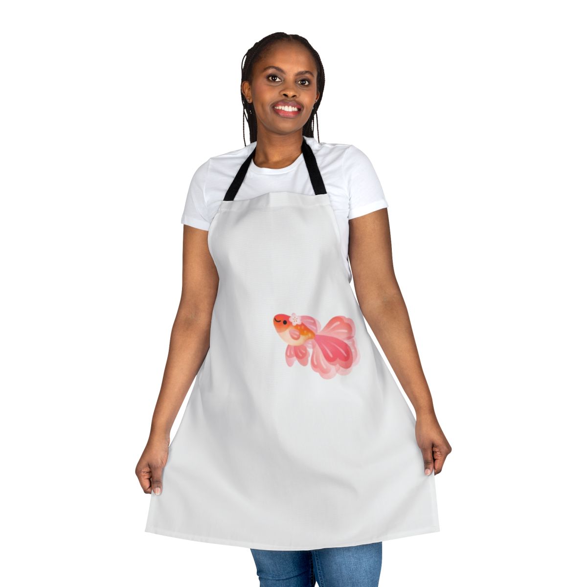 Delightful apron featuring a colorful cherry blossom and goldfish design