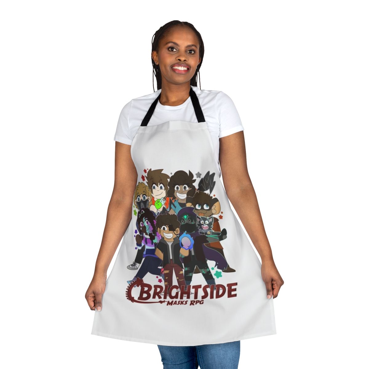 Colorful chibi-style apron with playful character designs