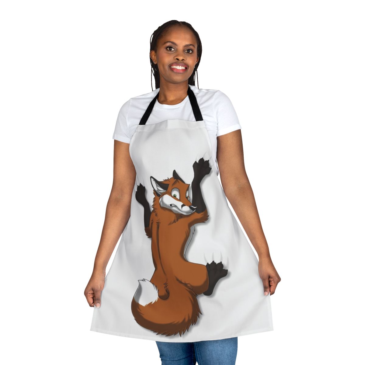Vibrant red fox illustration clinging to a white apron with the text "Charming Red Fox Clinging Apron for Kitchen and Cooking"