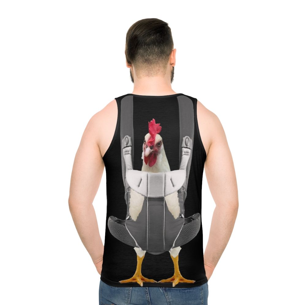 Chicken in a baby carrier printed on a white unisex tank top