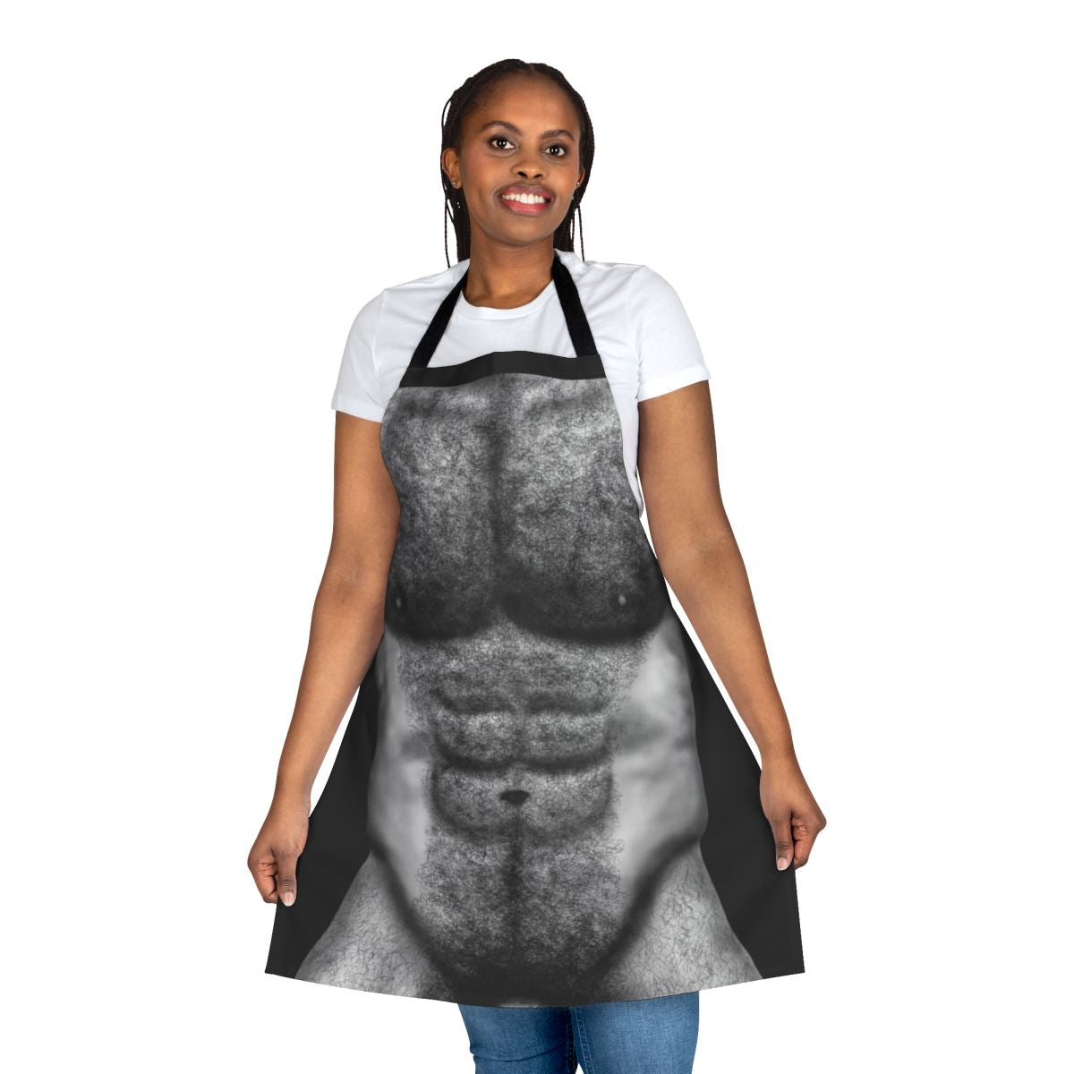 A stylized black and white image of a muscular male torso with prominent chest hair and abs, featured on an apron.