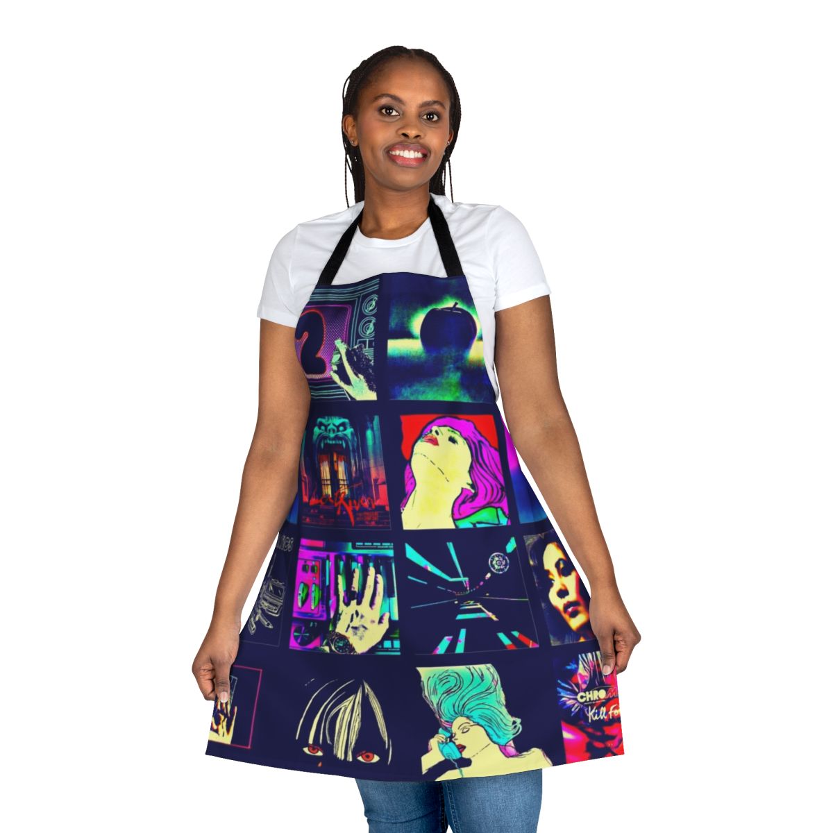 Chromatics-inspired kitchen apron with musical notes and synth-pop design