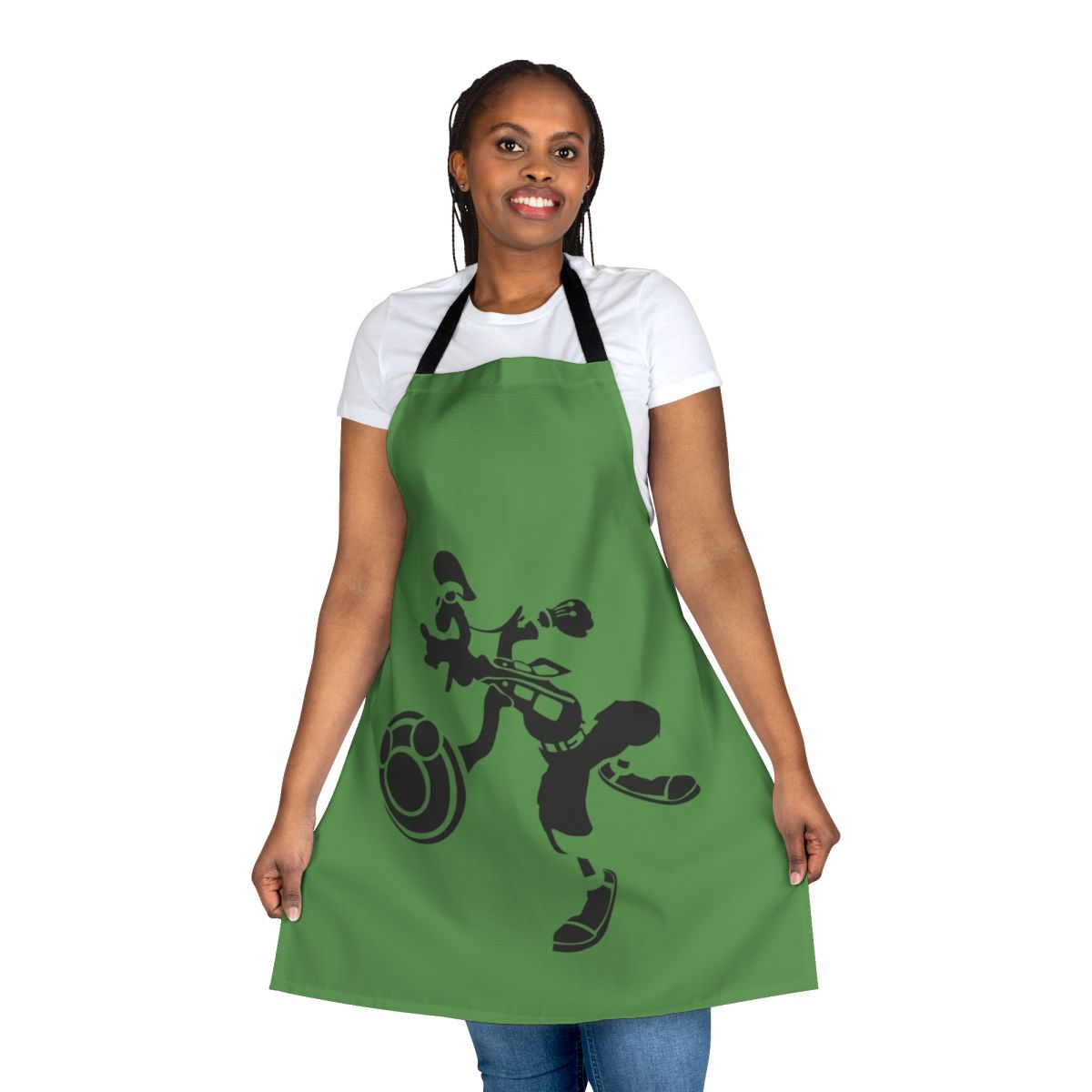 Goofy-themed apron with cinematic and video game design elements