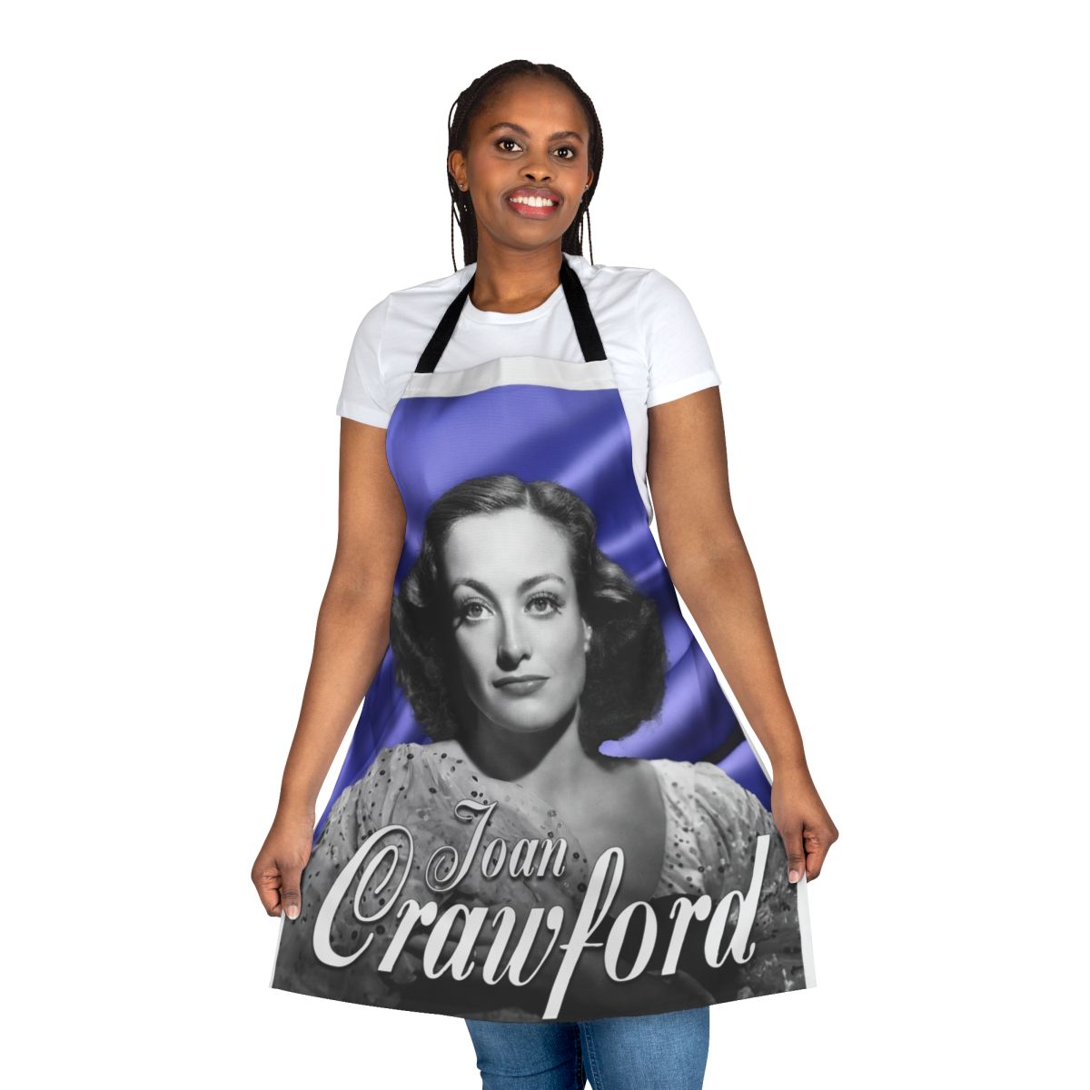 Vintage-style apron featuring a purple background and the image of actress Joan Crawford