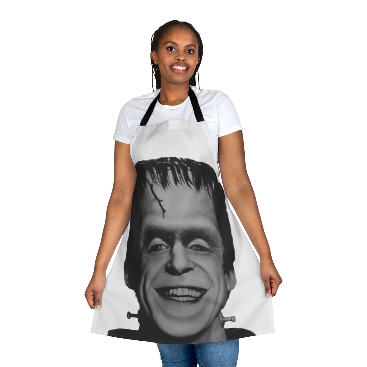 Classic black and white profile image of Herman Munster from the vintage TV series The Munsters, printed on a durable apron.