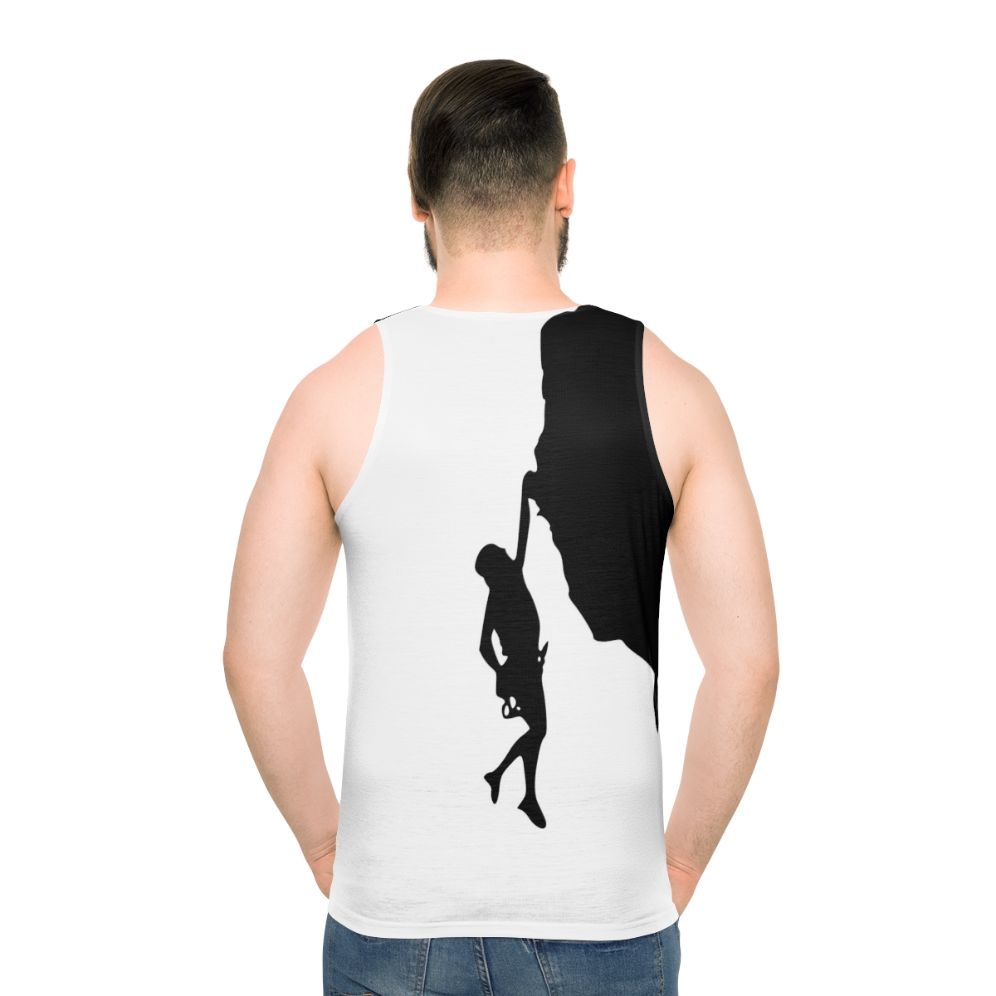 Man climbing rock wall wearing Climb Cliffhanger Unisex Tank Top