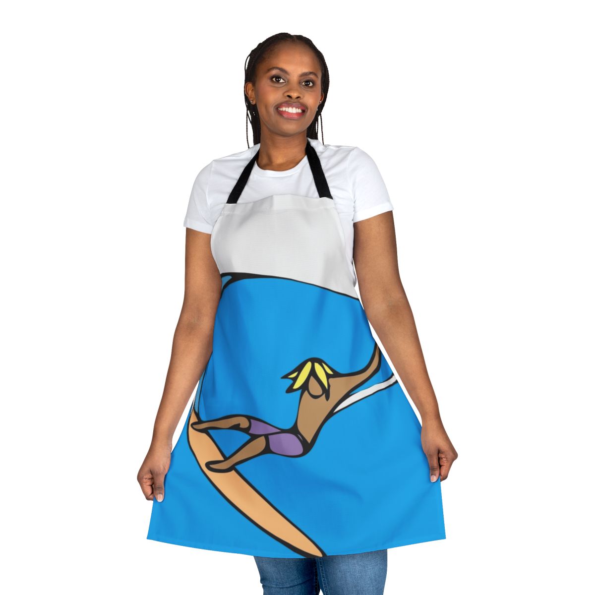 Coastal-inspired hand drag apron with surfer and ocean motif