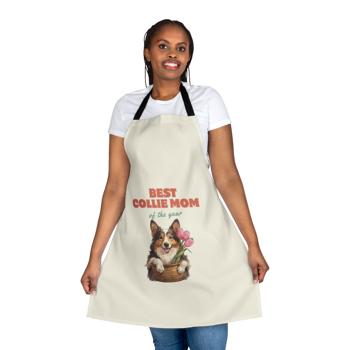 Collie mom wearing a floral apron with tulips and a joyful expression