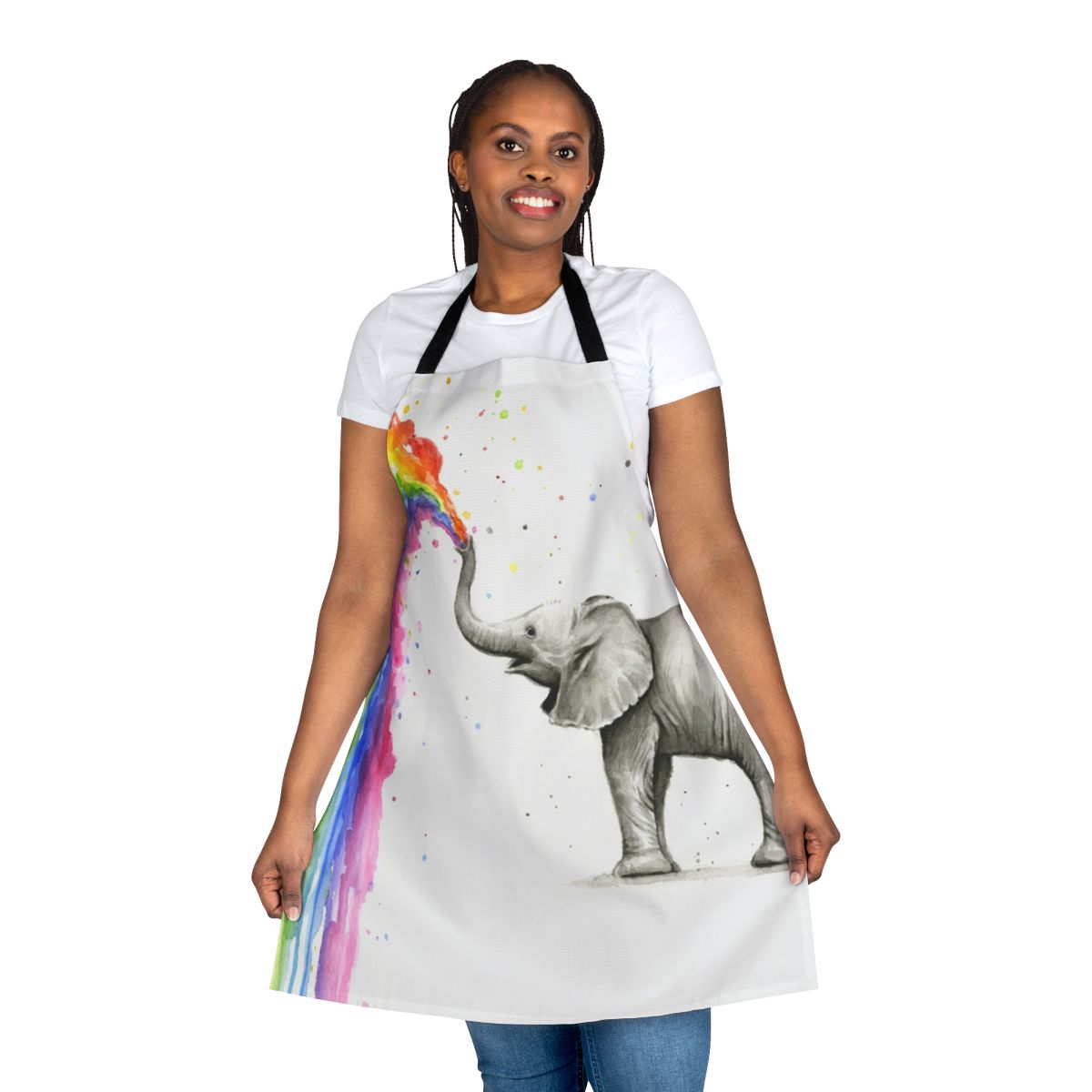 Vibrant watercolor illustration of a baby elephant spraying rainbow water