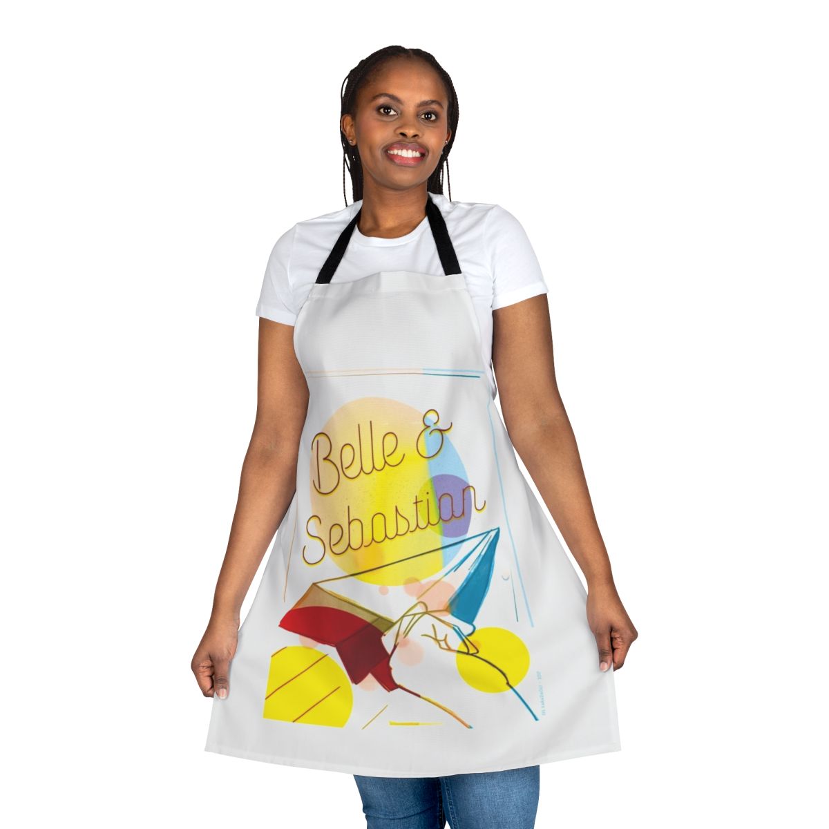 Vibrant apron featuring the indie pop band Belle and Sebastian's logo and iconic imagery