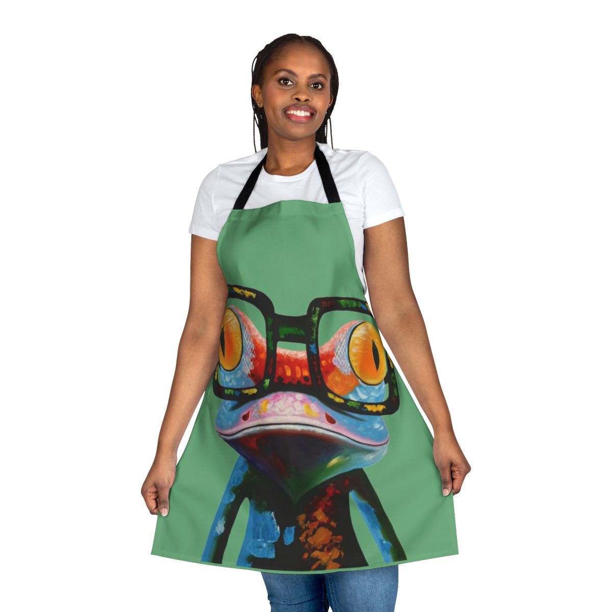 Colorful apron featuring a quirky illustration of a frog wearing nerd glasses