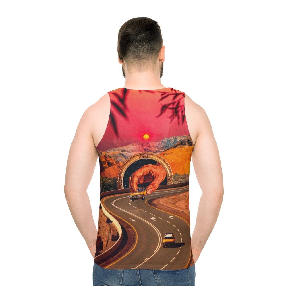 Colorful surreal unisex tank top with retro futuristic design featuring cars and space elements