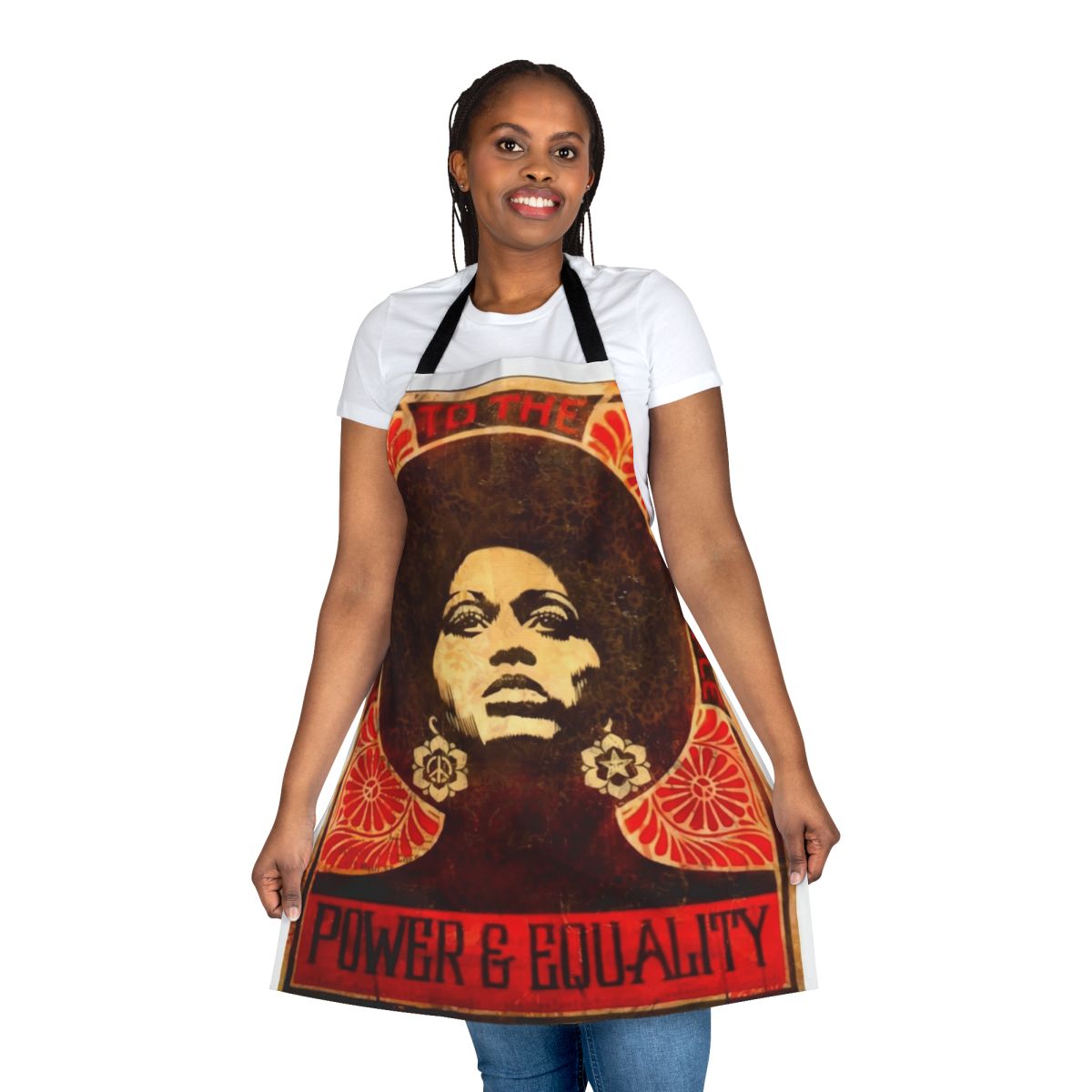 An apron featuring a vintage-style illustration of Angela Davis, a prominent figure in the Black Panther Party and the Black Power movement.