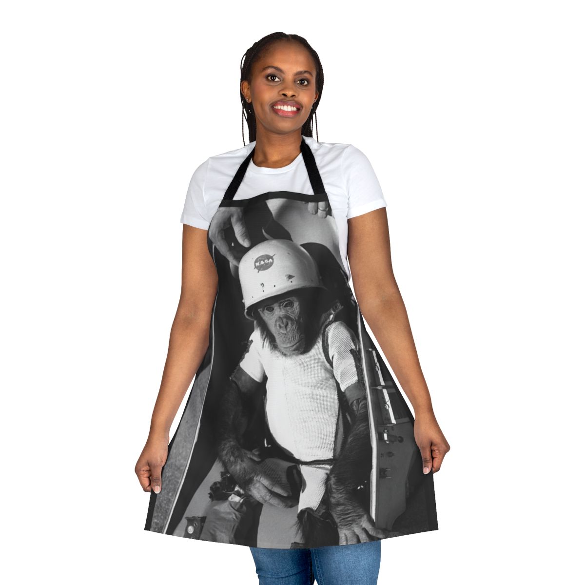 Commemorative apron featuring a chimpanzee astronaut in a space suit