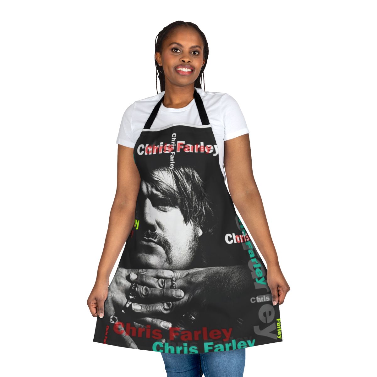 Commemorative Chris Farley inspired apron with "van down by the driver" design