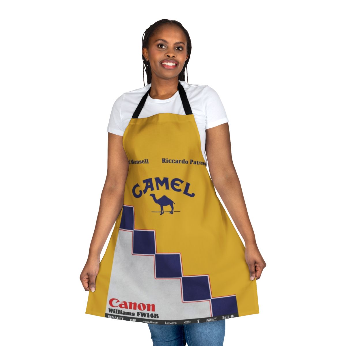 High-quality apron featuring the iconic blue, yellow, and white livery of the 1992 Williams FW14B Formula 1 car