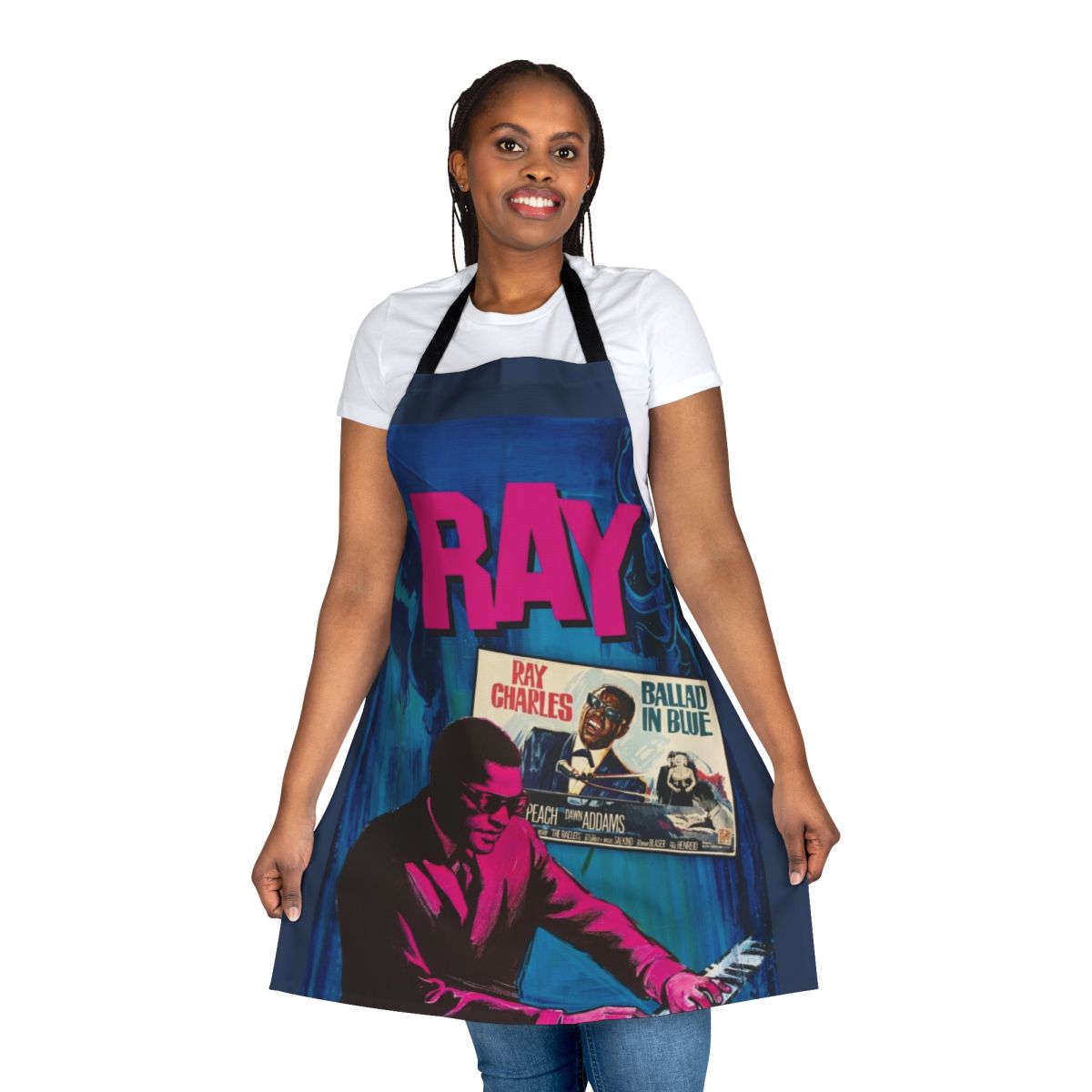 Commemorative Ray Charles inspired apron featuring the iconic "Ballad in Blue" design