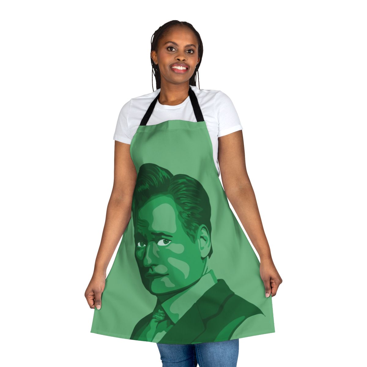 Conan O'Brien inspired green apron featuring a vibrant pop art portrait