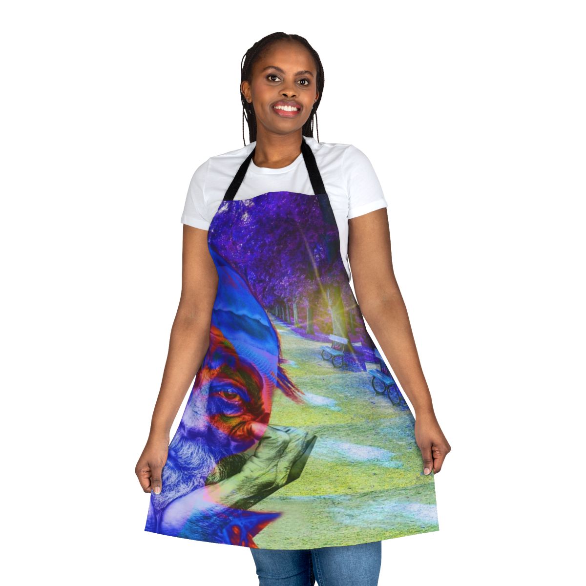 A colorful and stylish apron with a homelessness awareness design, promoting social justice and community support.