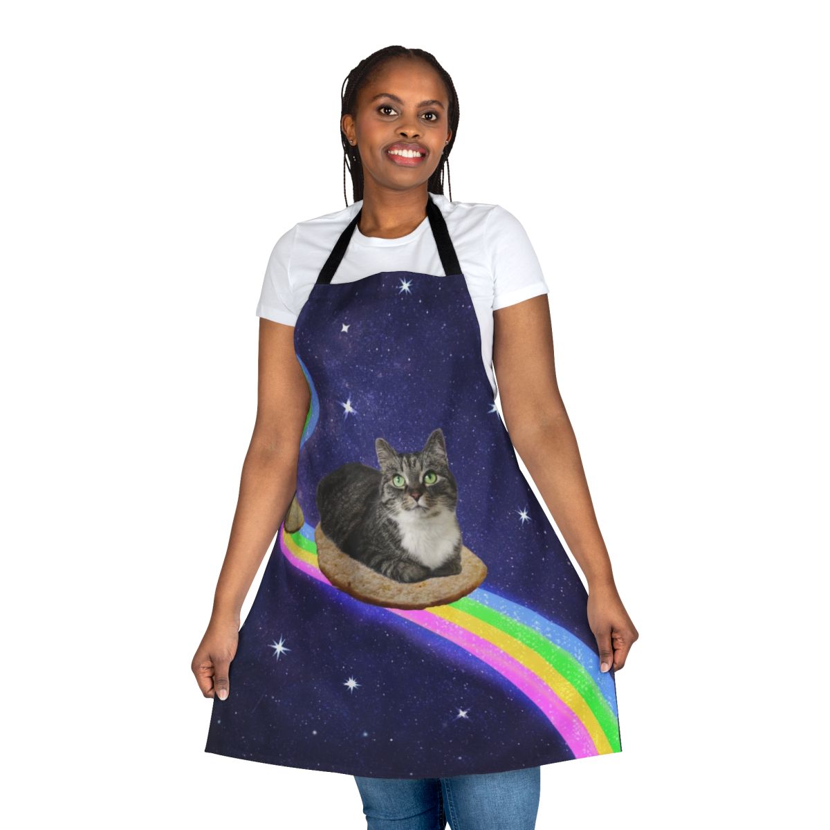 An apron featuring a whimsical design of legendary animals in a cosmic, space-themed setting.