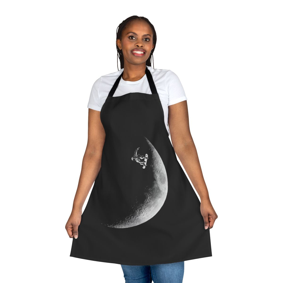 Graphic design of an astronaut skateboarding on the moon against a backdrop of stars and the galaxy