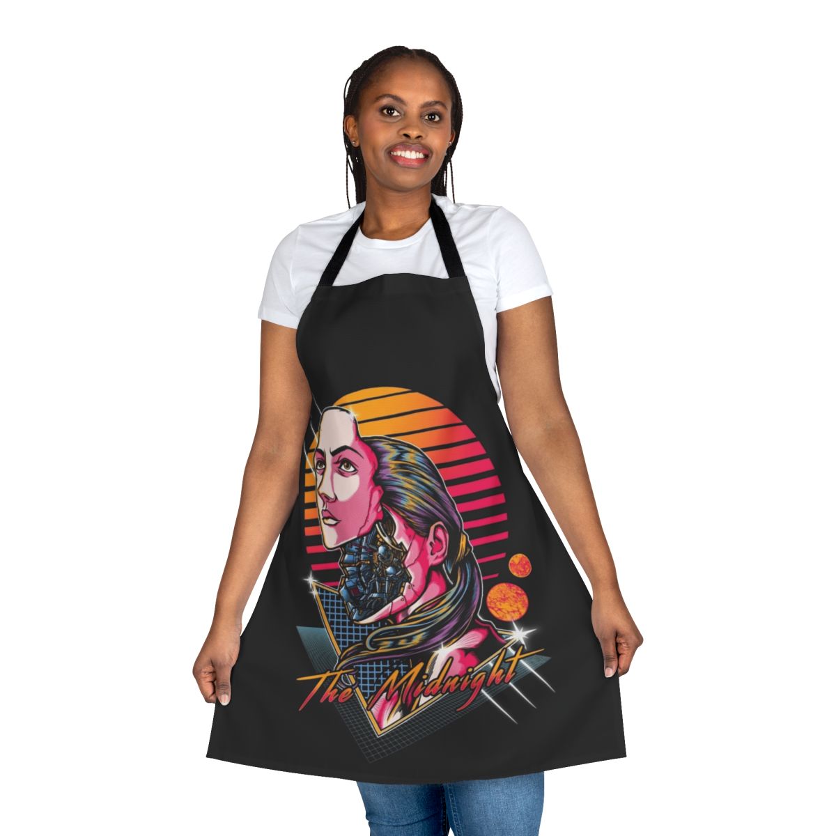 A stylish and futuristic sci-fi inspired apron featuring alien and cyberpunk design elements.