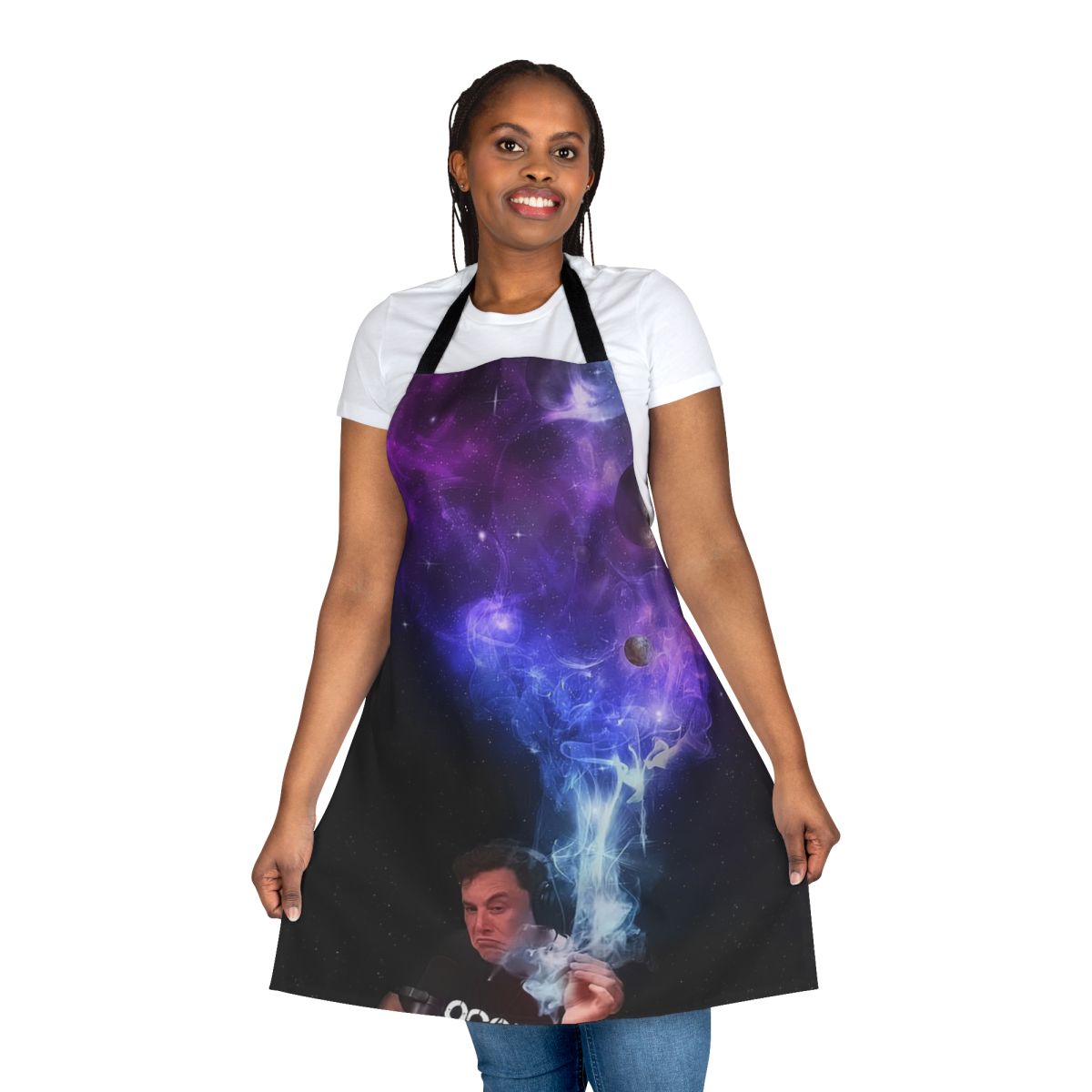 Elon Musk smoking in the universe, surrounded by stars and cosmic imagery, printed on an apron