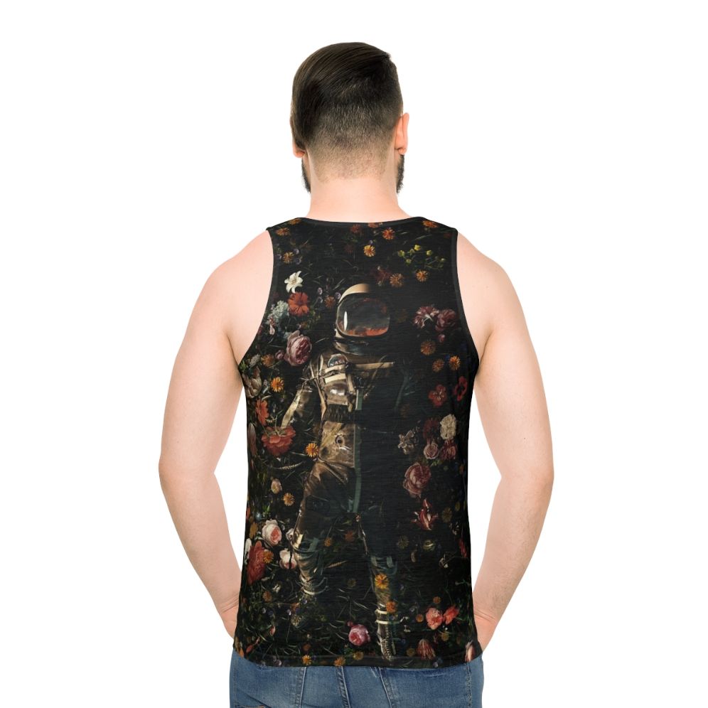 Unisex tank top featuring a surreal, cosmic garden design