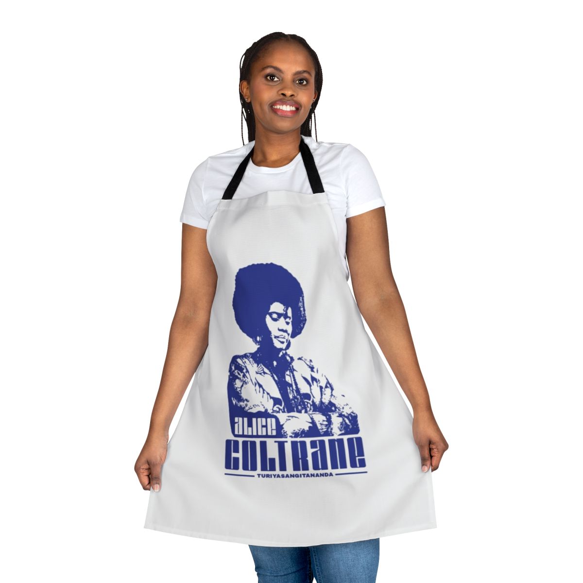 Artistic apron featuring the harp and imagery inspired by the music and spiritual cosmic themes of jazz pioneer Alice Coltrane.