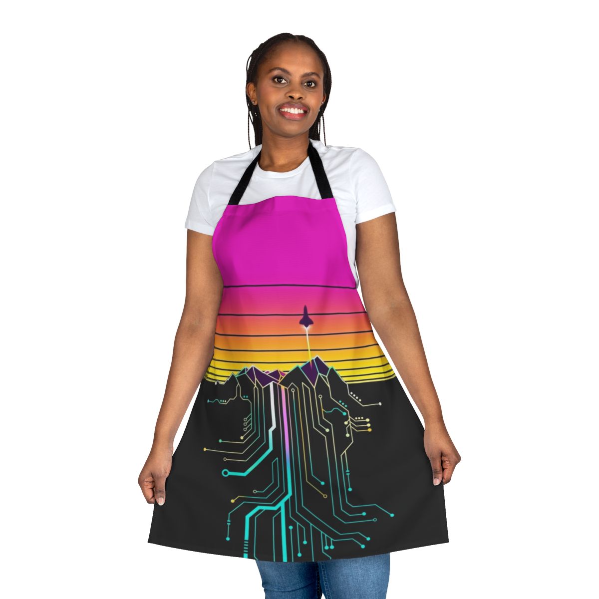 Vibrant apron featuring a retro-futuristic sunrise over a mountain landscape with cosmic elements