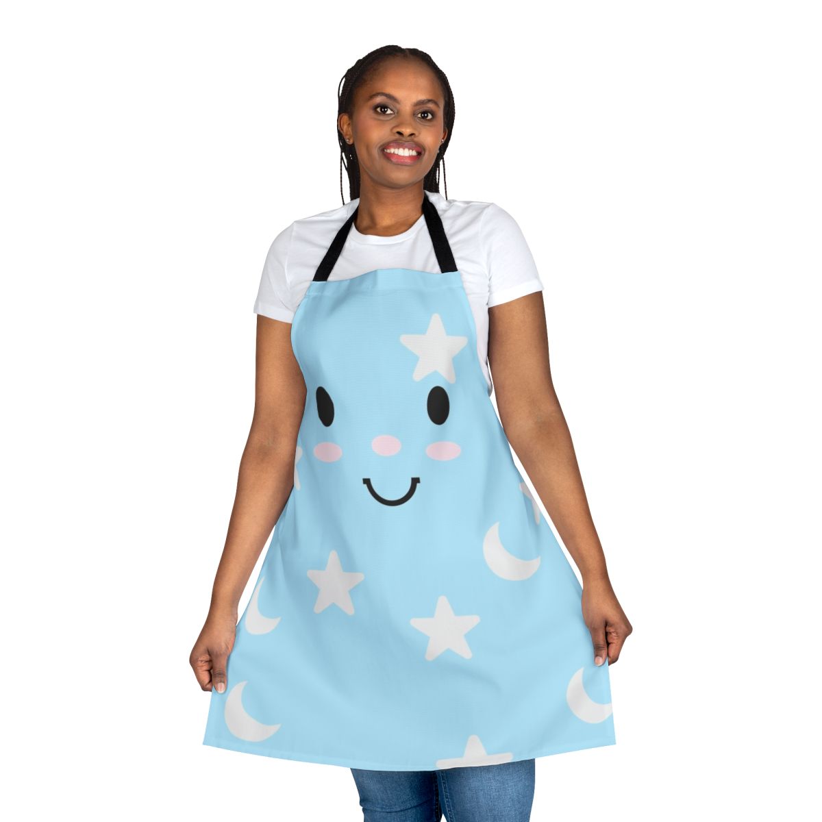 A blue pajama-style apron with moon and star designs, perfect for summer camp or cozy cosplay.