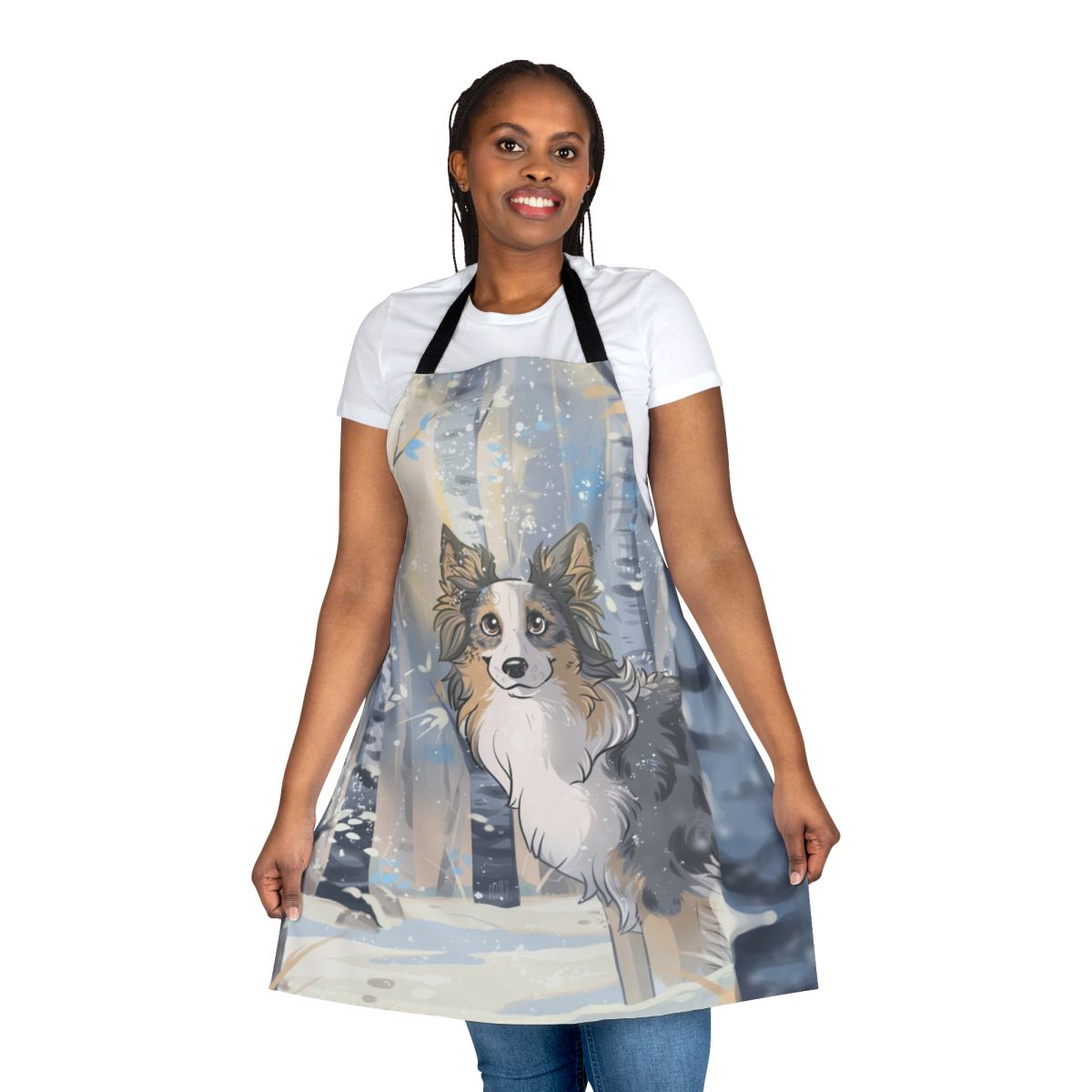 Pixie-themed apron featuring winter and dog designs, perfect for cooking or crafting with pets