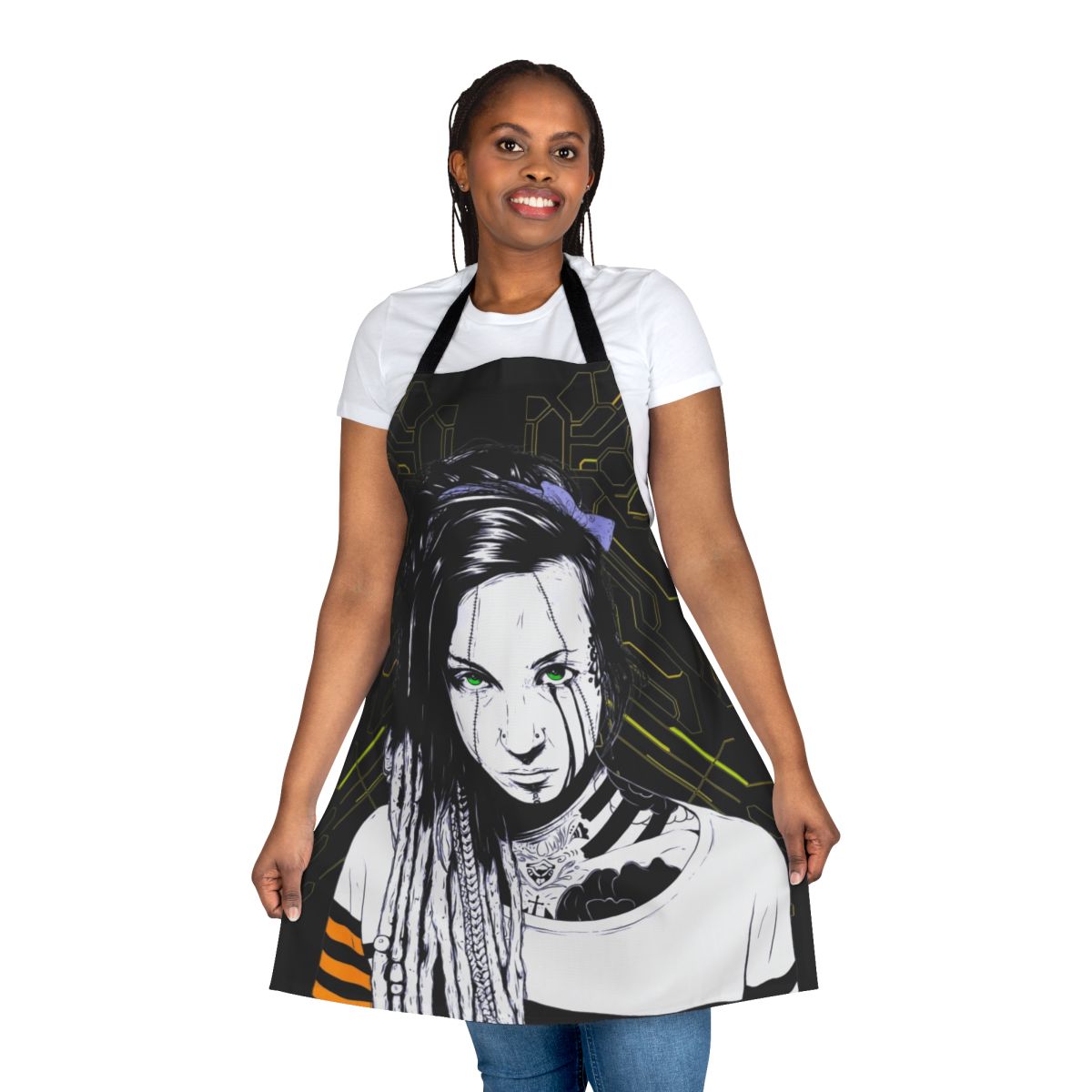 A stylish and futuristic apron featuring a cyberpunk-inspired girl design with vaporwave and minimalist elements.