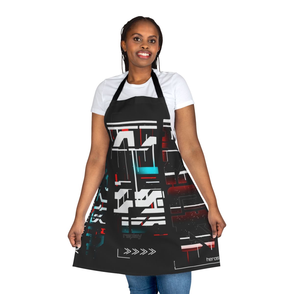 Cyberpunk-inspired apron with futuristic design and Tokyo-style elements
