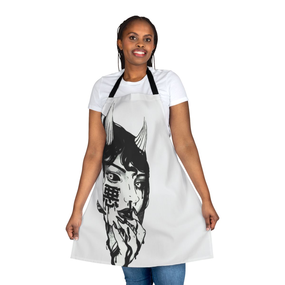 A black and white apron with a cyberpunk, futuristic Japanese-inspired design.