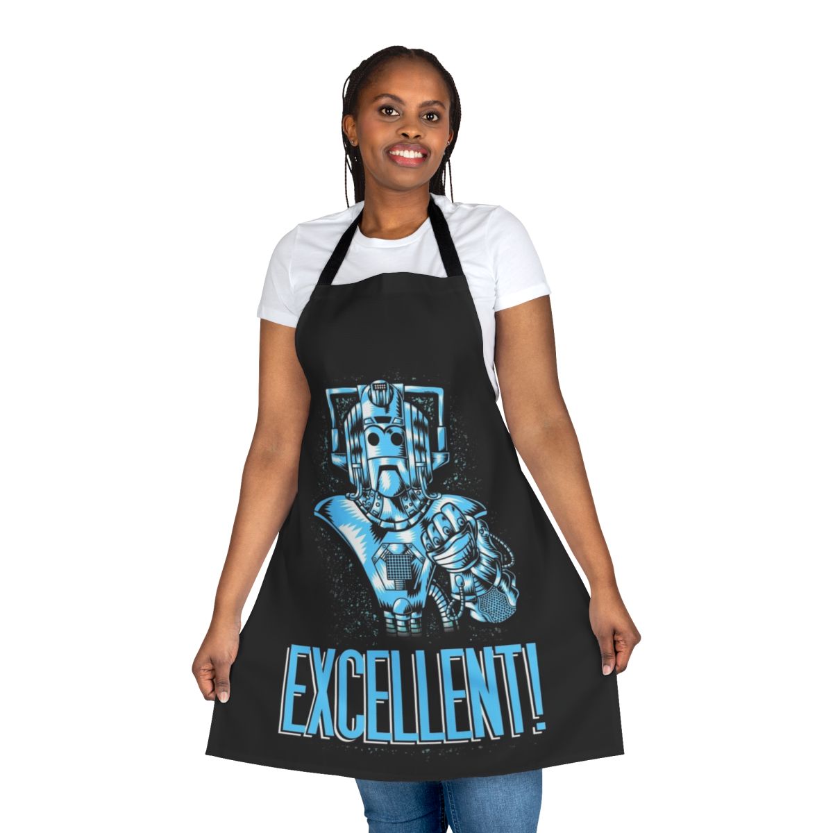 Cyberpunk-style apron with sci-fi and Doctor Who-inspired design