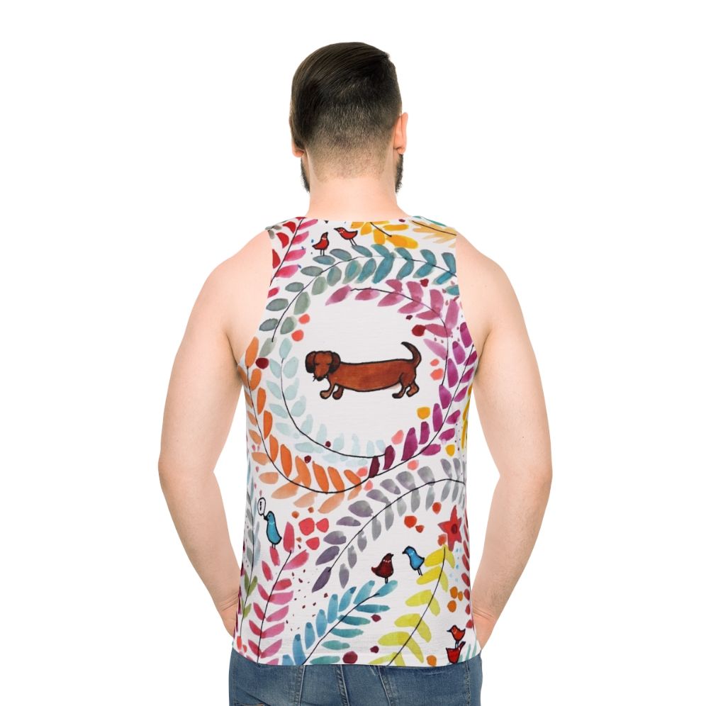 Dachshund-themed unisex tank top with colorful floral and bird pattern