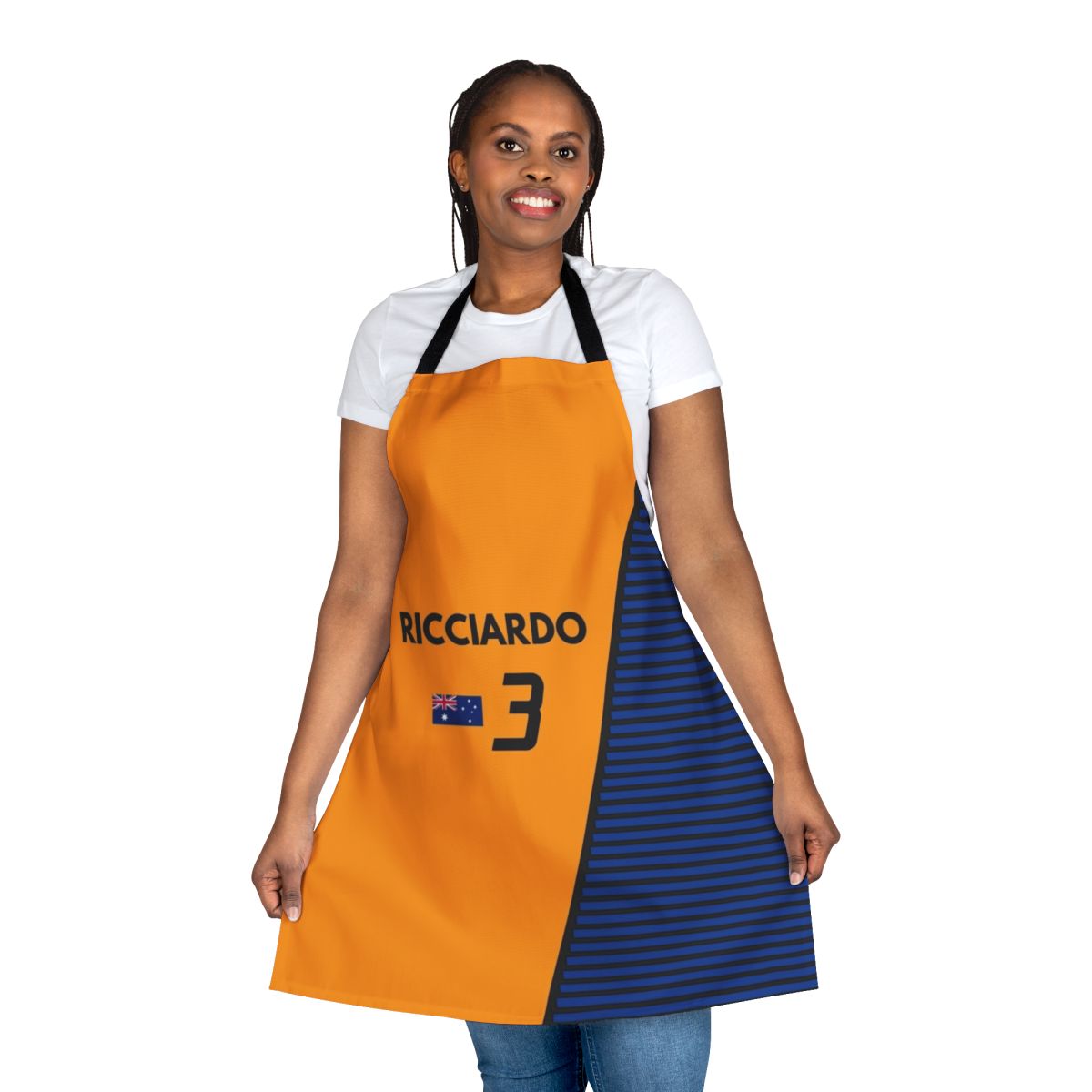 Motorsport-themed apron featuring the colours and design of Australian Formula One driver Daniel Ricciardo