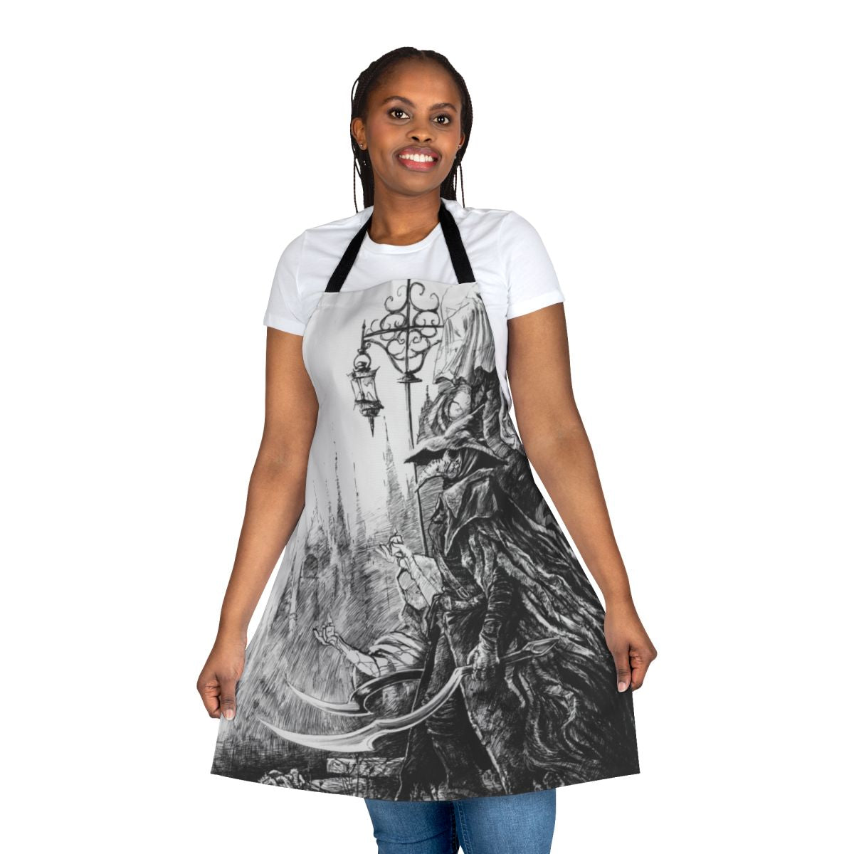 A high-quality apron featuring Eileen the Crow, a character from the Bloodborne video game.