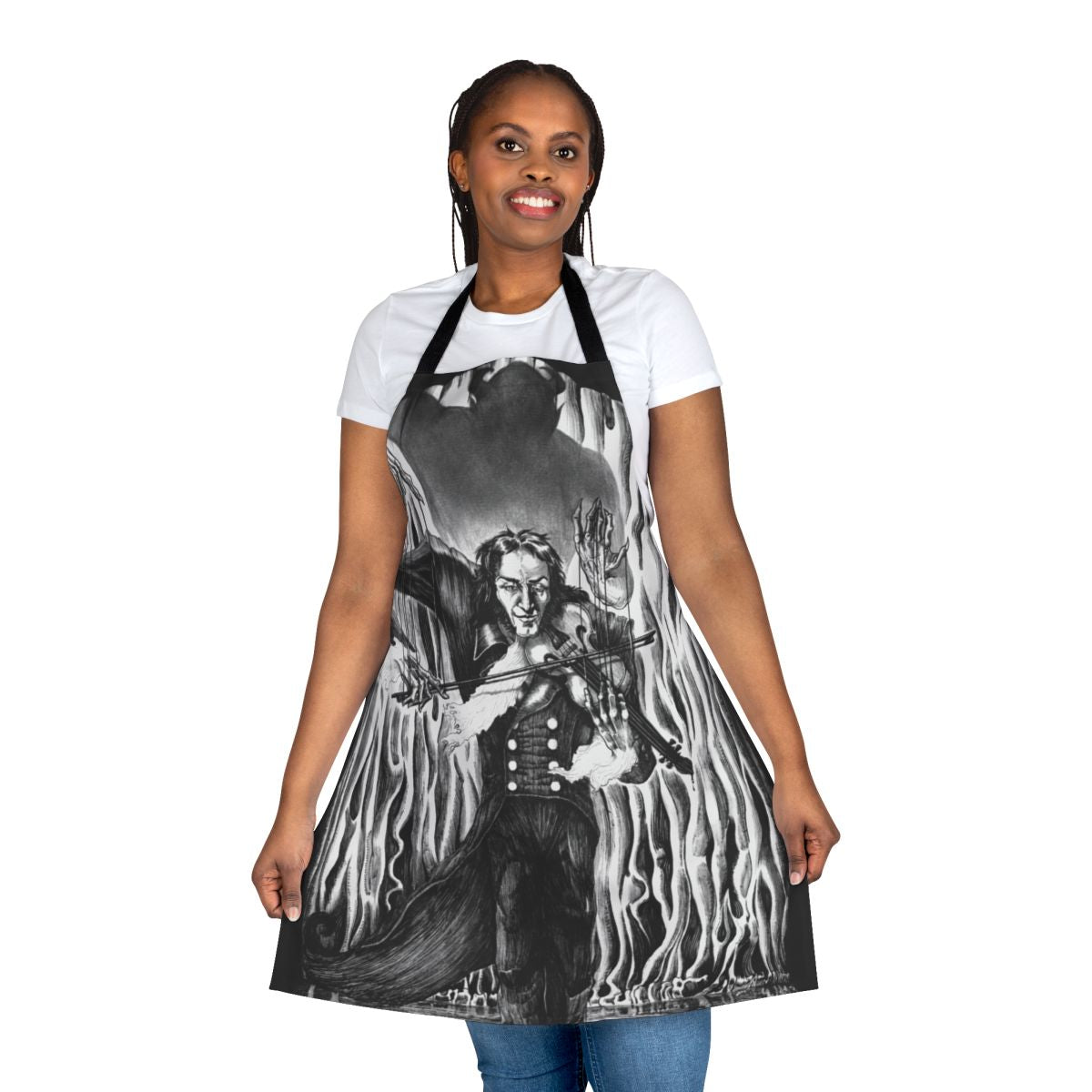 Dark apron featuring a gothic illustration of Niccolo Paganini, the famous classical music virtuoso and composer.