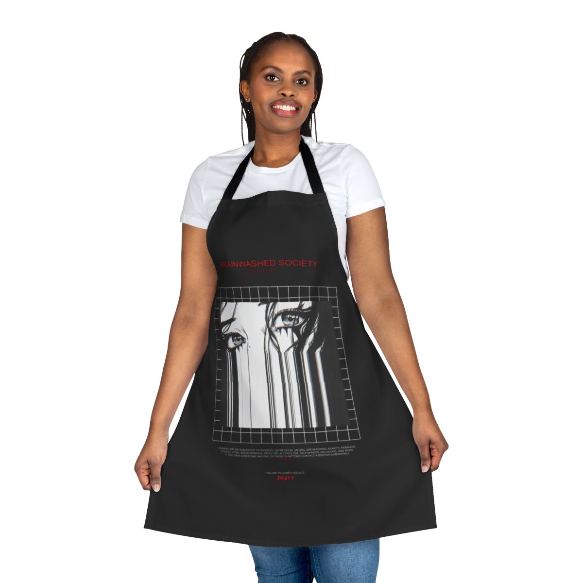 Dark and moody apron featuring a glitched, brainwashed society design