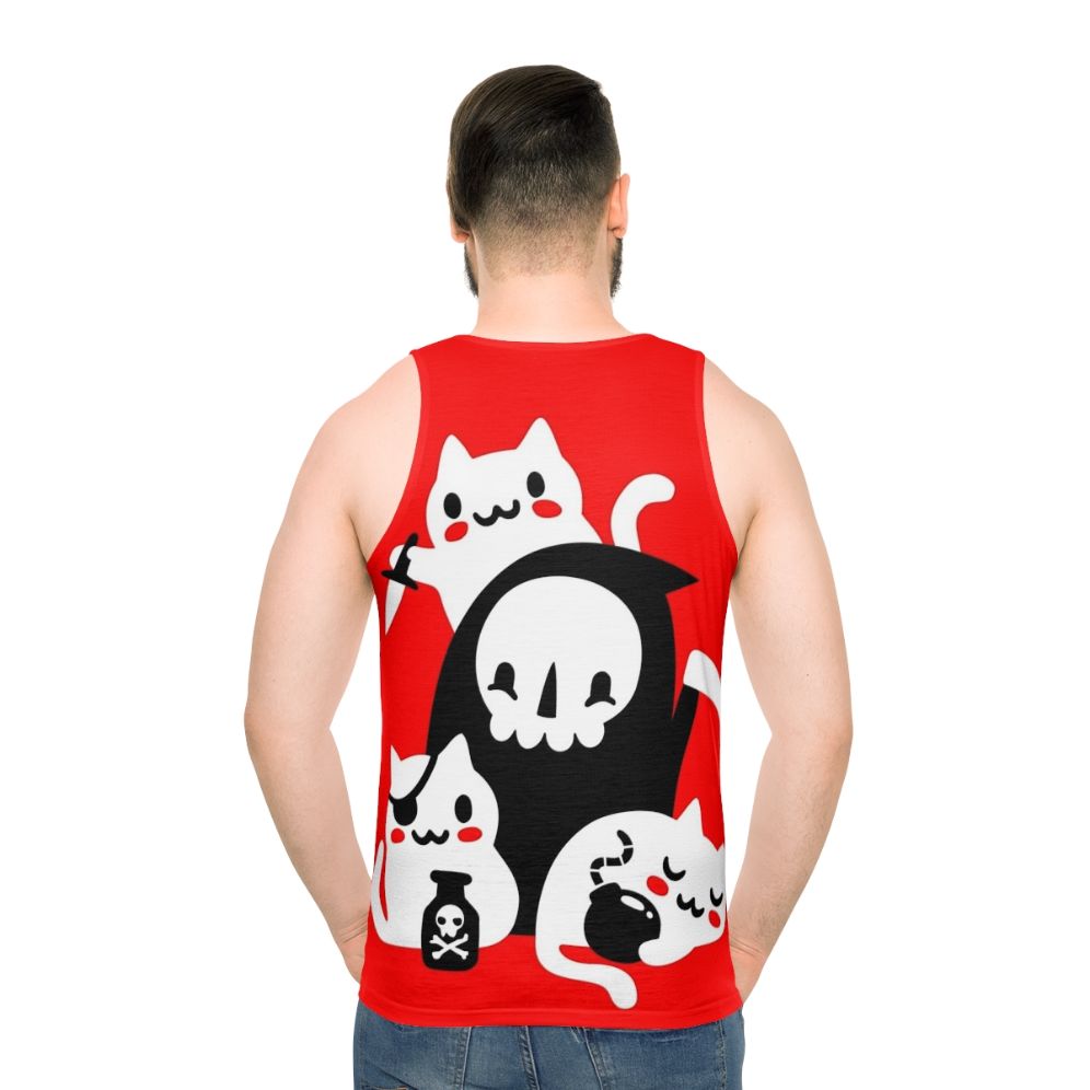 Unisex tank top with a graphic design featuring cats, skulls, and the Grim Reaper