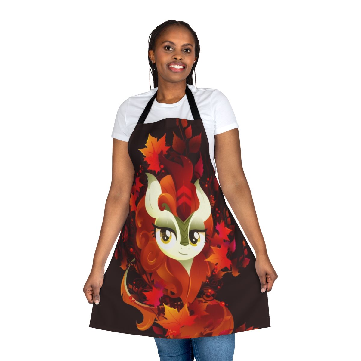 Decorative autumn-themed apron with a pony-inspired design featuring leaves and the autumn blaze color palette.